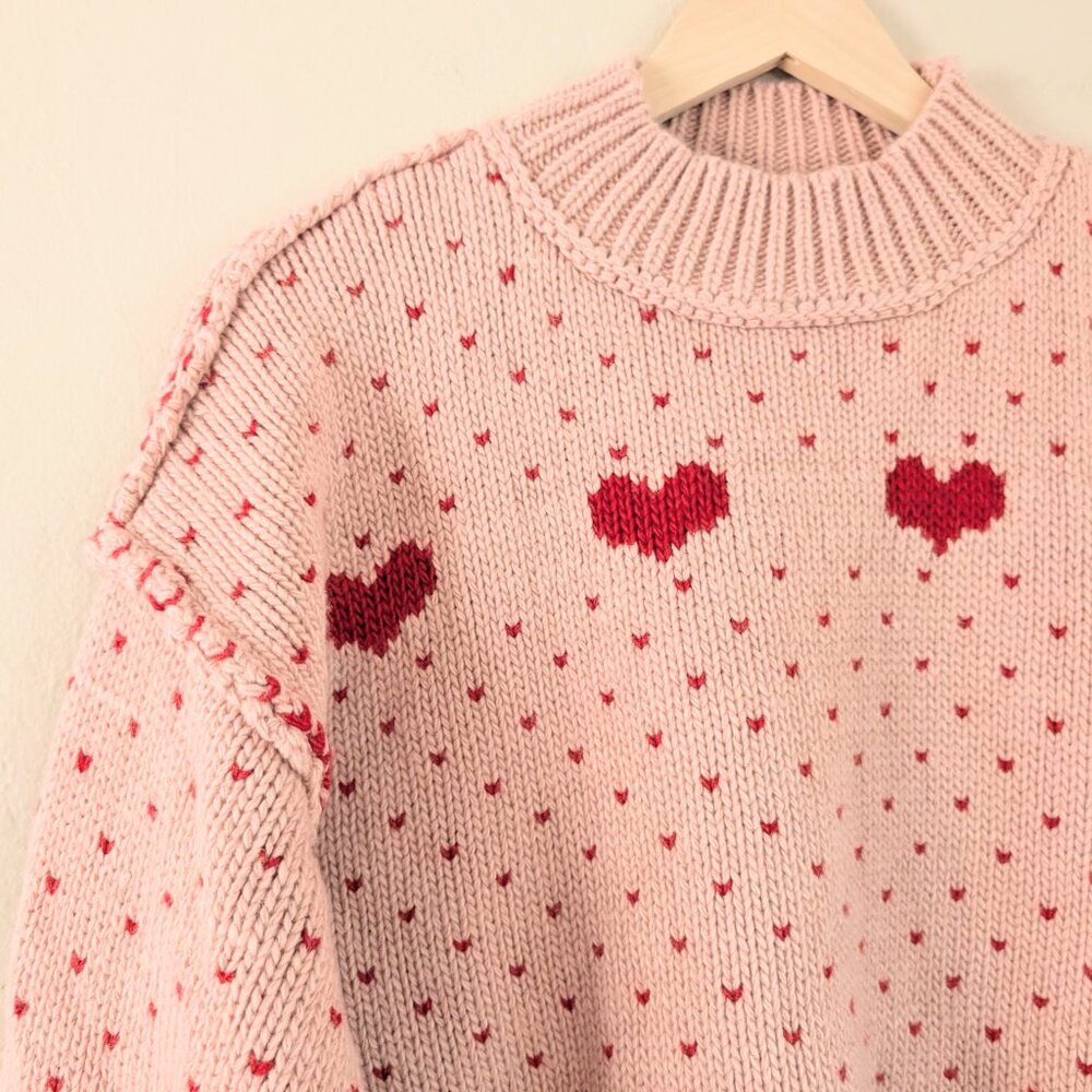 Women’s Pink Heart Knit Crewneck Sweater - Picture 13 of 16
